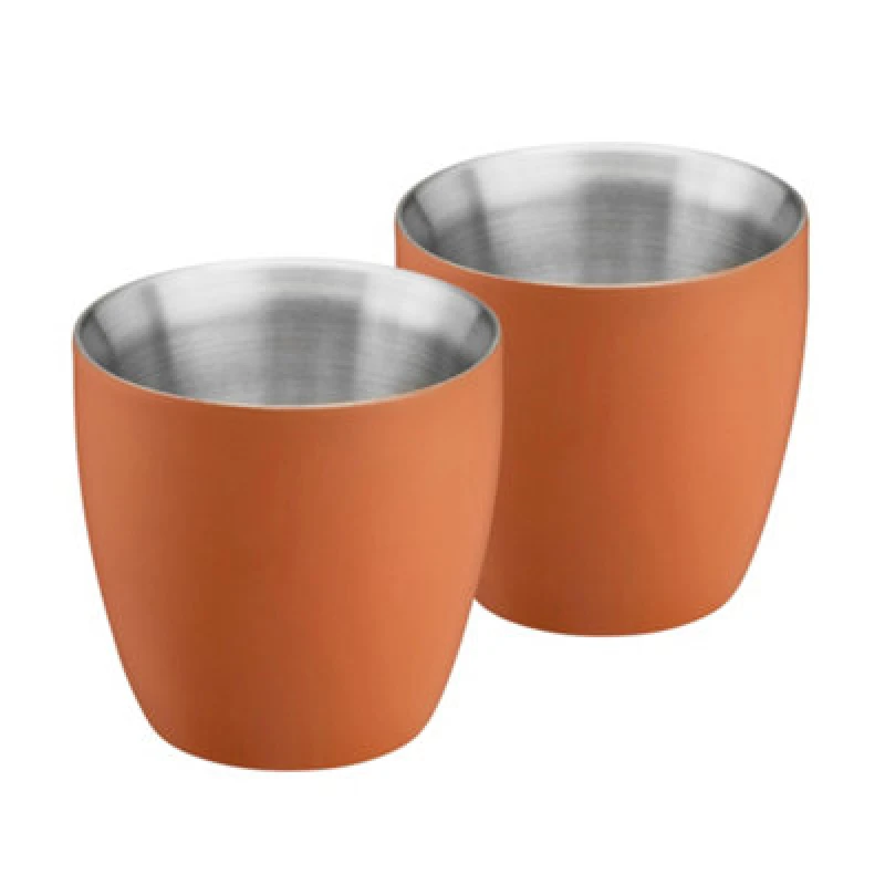 Image of Cooks Professional Set Of 2 Stainless Steel Espresso Coffee Cups - Double Wall Insulated Mini Drinking Mugs - Orange