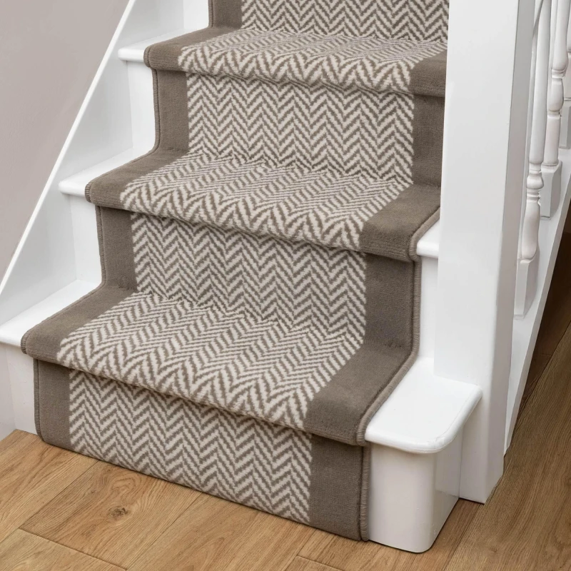 Image of Homemaker Maestro Herringbone Border Edge Taupe Stair Runner 67X600Cm, Cream HBONETAUPE60600