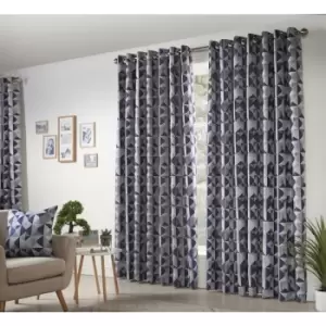 Image of Skandi Eyelet Ring Top Curtains Fully Lined Weave Jacquard Navy 46x54 - Navy