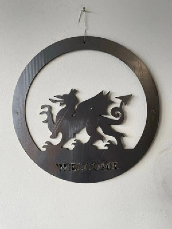 Image of Poppy Forge Welsh Dragon Wall Art - Small With Text - Steel - W29.5 X H29.5cm - Bare Metal/ready To Rust