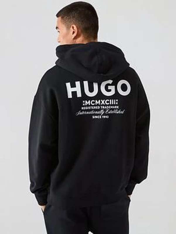 Image of Hugo Mens HUGO Nazardo Drawstring Hoodie with Modern Logo Detail - Black Male S