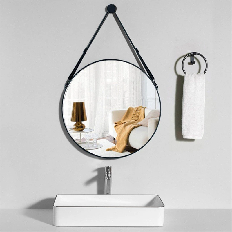 Image of Cottonfy UK Round Hanging Mirror with Adjustable Strap, 60cm - Black M