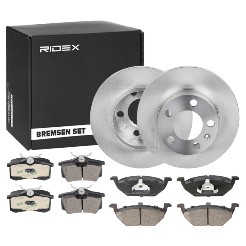 Image of RIDEX 3405B1705 Brake disc and pads set with accessories, Rear Axle, Brake Disc Type: Solid, not prepared for wear warning indicator Brake Set,disc b