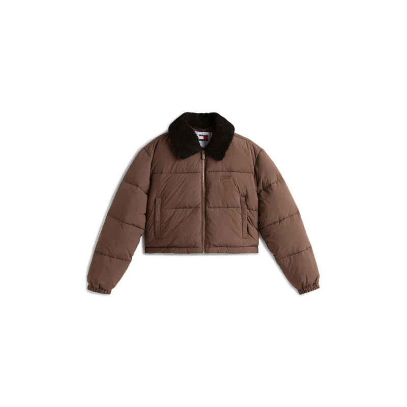 Image of Tommy Jeans Womens Teddy Colour Short Puffer Jacket Black Walnut female 12 (M)