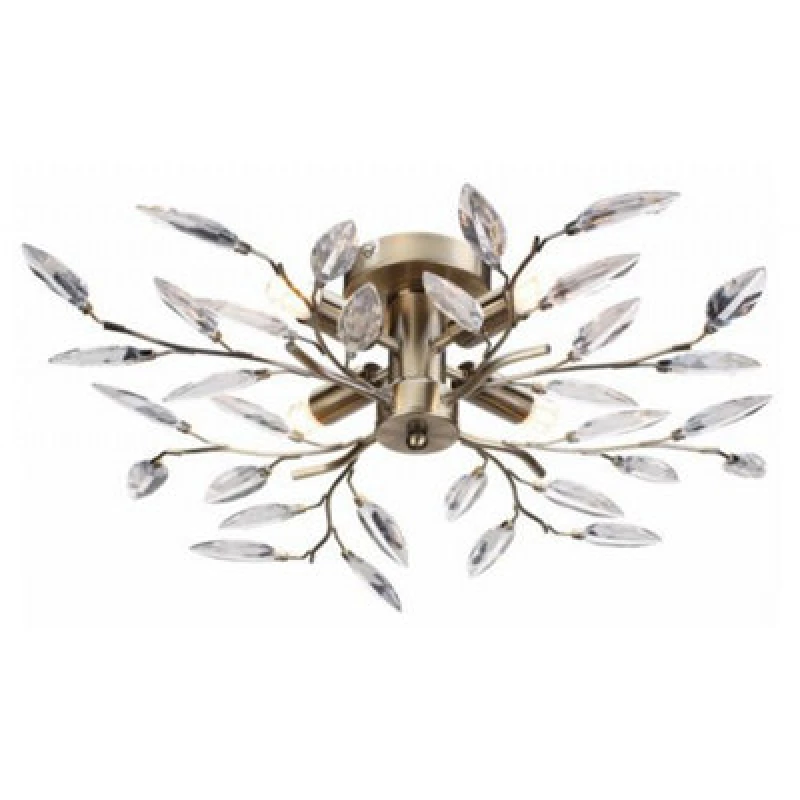 Image of Happy Homewares Modern Birch 4 Light Semi Flush Antique Brass Ceiling Light With Clear Leaves