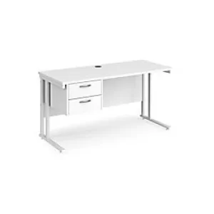 image of Rectangular Straight Desk with 2 Drawer Pedestal White Wood Cantilever Legs White Maestro 25 1400 x 600 x 725mm