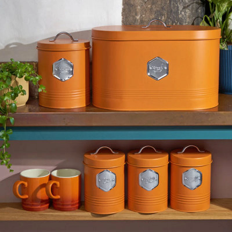 Image of Cooks Professional 5 Piece Tea Coffee Sugar Bread & Biscuit Cannister Set - Labelled Kitchen Storage Tins - Orange & Silver