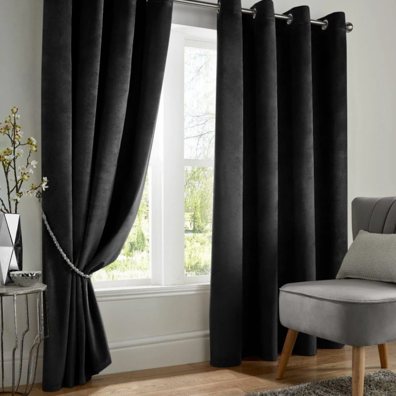 Image of Alan Symonds Velvet Blackout Ring Top Eyelet Curtains Black unisex 168x229cm