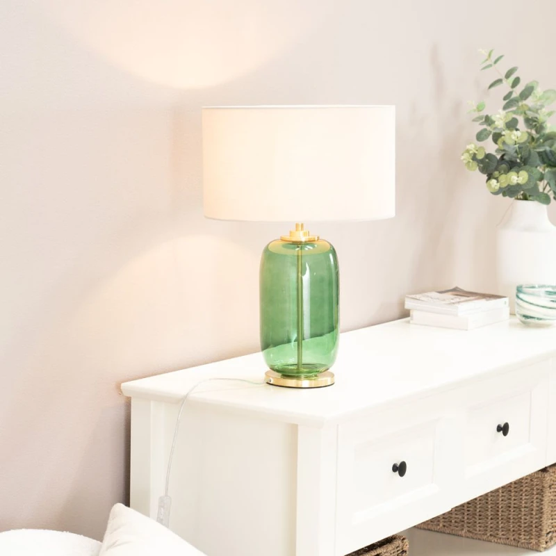 Image of ValueLights Leigh Fabric Drum Shade with Forest Green Glass and Gold Trim Table Lamp Nude