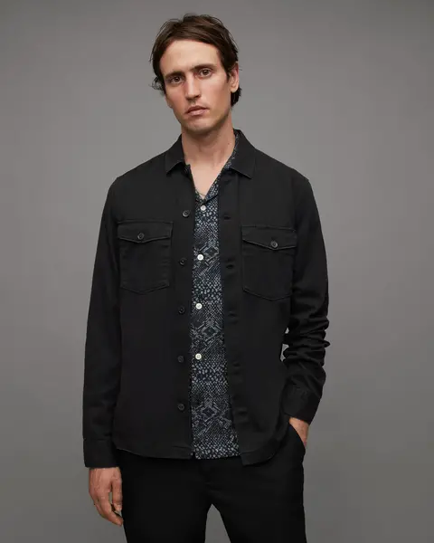 Image of AllSaints Black Mens Cotton Slim Fit Long Sleeve Spotter Shirt, Size: M