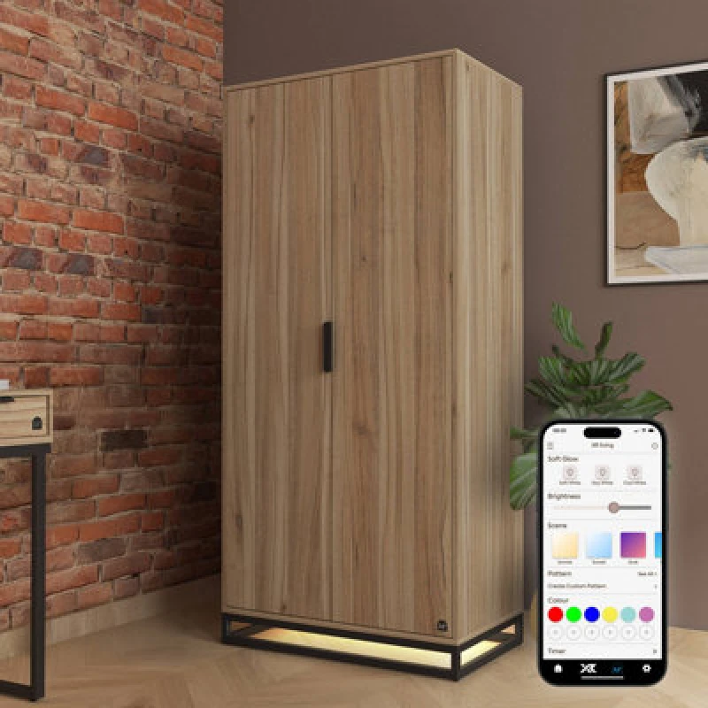 Image of XR Living Denver 2 Door Wardrobe With LED App Control Lights - Oak / Black 2024193