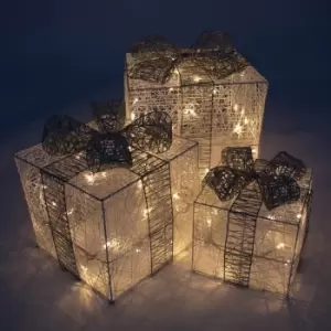 Image of Christmas Workshop Set of 3 LED Light Up Xmas Gift Boxes with Silver Bows - Warm White