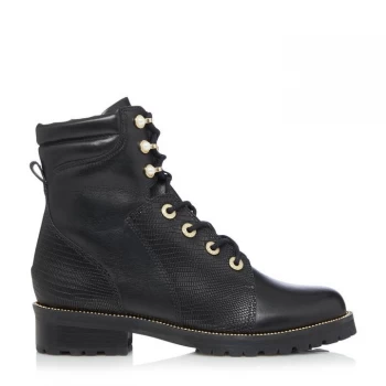 image of Dune London Dune Pompom Flat Ankle Boots - Black Leather