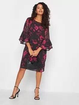 image of M&Co Floral Flute Sleeve Shift Dress, Black, Size 10, Women