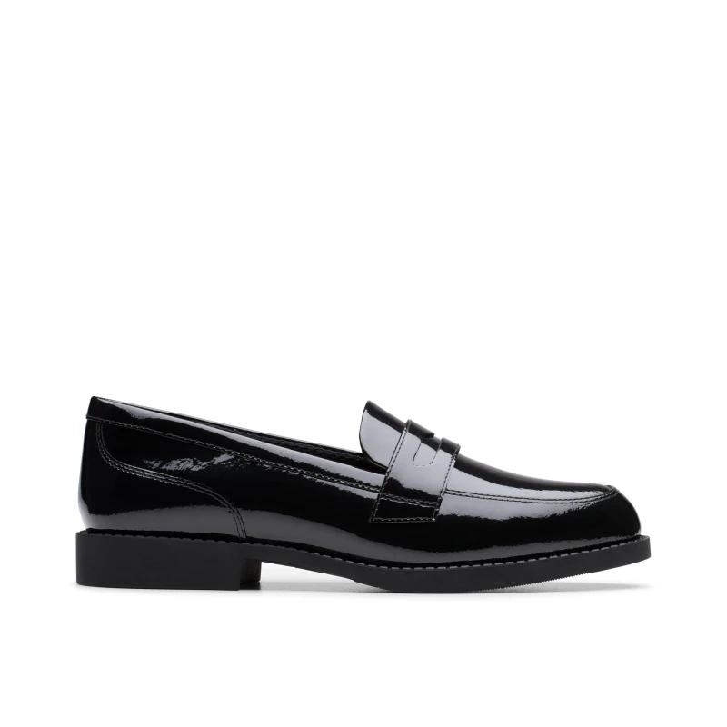 Image of Clarks Tapa Edge Youth Black Patent Loafers, Slip Ons, School Shoes Size: 4.5-Standard Fit Black Unisex 4.5-Standard Fit