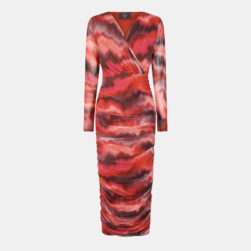 Image of AX Paris Wrap Top Mesh Long Sleeve Bodycon Midi Dress Red female