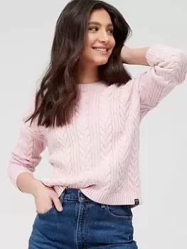 image of Superdry Dropped Shoulder Cable Crew Neck Jumper - Pink, Size 12, Women