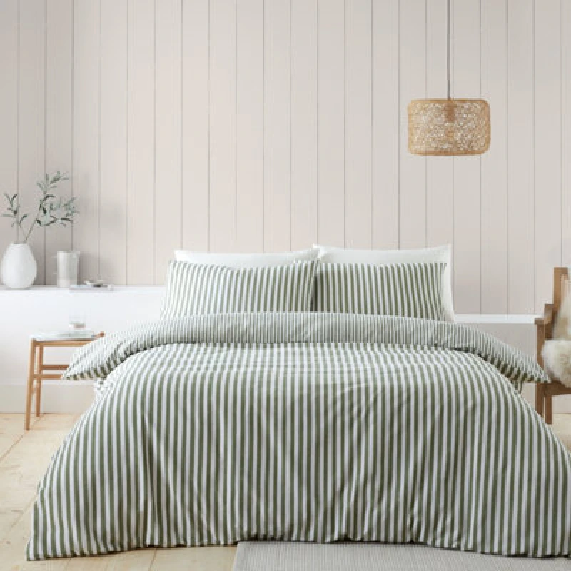 Image of Catherine Lansfield Brushed Stripe Cotton Reversible Super King Duvet Cover Set With Pillowcases Green