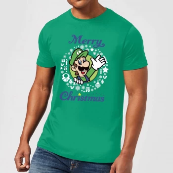 Image of Nintendo Super Mario Luigi White Wreath Merry Christmas Green T-Shirt - XL - Green