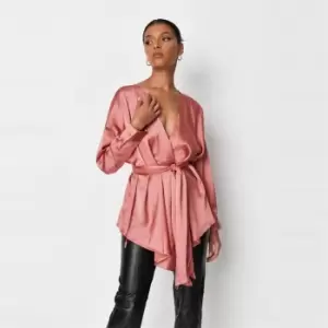 Missguided Plunge Tie Waist Blouse Satin - Pink