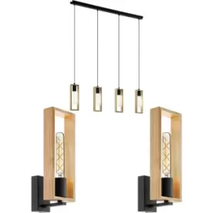 image of Quad Ceiling & 2x Matching Wall Lights Black & Wood Box Modern Dining Table