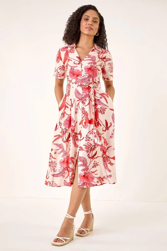 Image of Roman Womens Floral Tie Waist Shirt Dress in Pale Pink Size: 20 Pale Pink Female 20