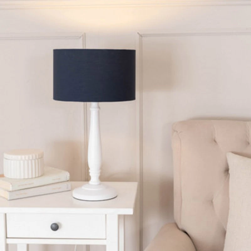 Image of ValueLights Victoria White Wood Traditional Table Lamp with Fabric Drum Shade and LED Bulb Navy
