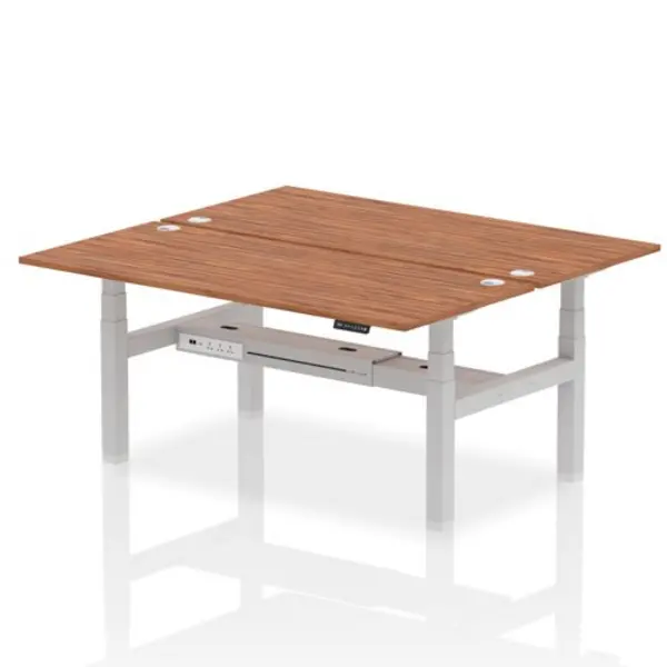 Image of Air Air Back-to-Back 1800 x 800mm Height Adjustable 2 Person Bench Desk Walnut Top with Cable Ports Silver Frame HASCP2P18800WNTS