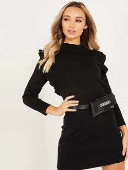 image of Quiz Black Knitted Frill Jumper Dress - S