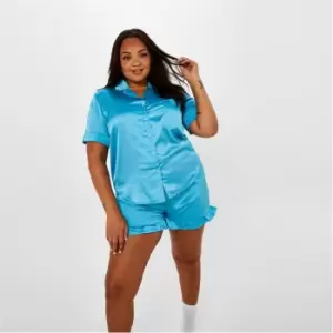 image of Missguided Plus Size Satin Shirt and Shorts Pyjama Set - Blue