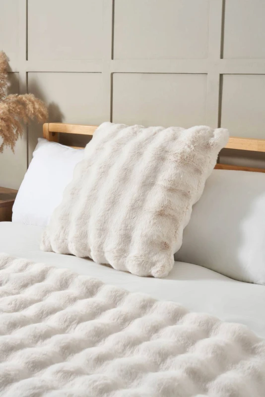 Image of BHS Scalloped Faux Fur Cream Cushion Cream Unisex