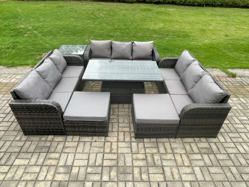 Image of Fimous Garden Dining Sets Outdoor Rattan Furniture Lounge Sofa Height Adjustable Rising lifting Table Dark Grey