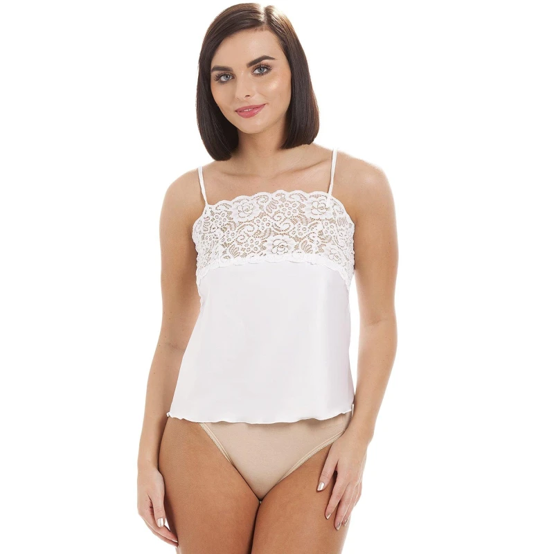 Image of Camille Luxury Satin Feel Lace Trim Camisole White