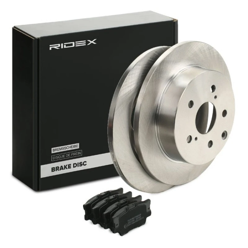 Image of RIDEX 3405B1294 Brake disc and pads set Rear Axle, Brake Disc Type: Solid, not prepared for wear warning indicator Brake Set,disc brakes (3405)