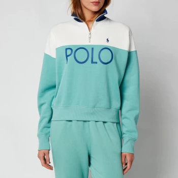 Image of Polo Ralph Lauren Womens Quarter Zip Sweatshirt - Deckwash White/Tiki Green - L