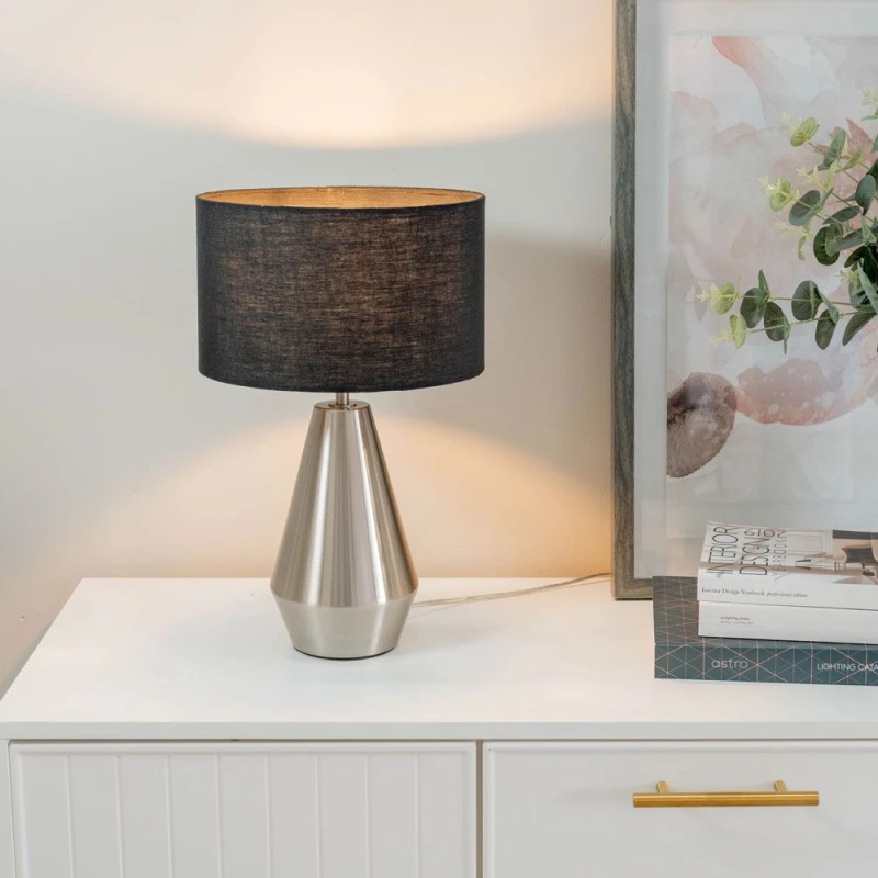 Image of ValueLights Jax Brushed Chrome Dimmable Touch Table Lamp with Fabric Drum Shade Charcoal