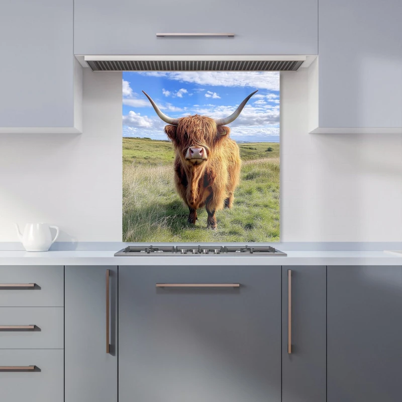 Image of Warren Reed - Designer Highland Cow In Summer Kitchen Splashback Size: 600mm x 650mm Multicolor Unisex 600mm x 650mm