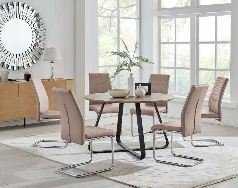 Image of FurnitureboxUK FurnitureboxUK Santorini Brown Wood Effect Dining Table & 6 Black Lorenzo Chairs in Beige Beige One Size Unisex 5056657123987
