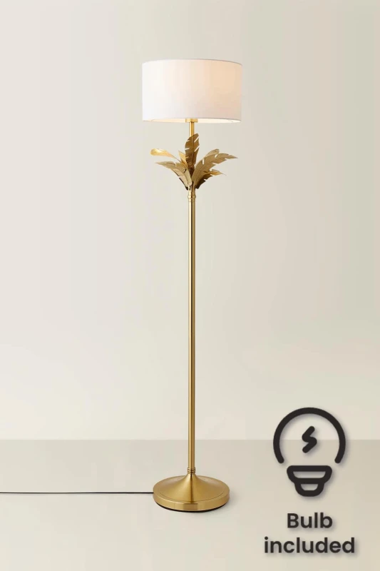 Image of ValueLights ValueLights Christina Fabric Drum Shade Gold Palm Leaf Detail Stem Floor Lamp with LED Bulb in White White One Size Unisex 5059406067365