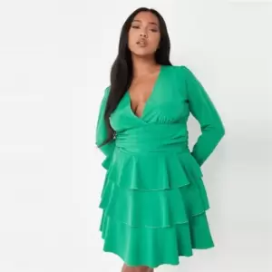 image of Missguided Plus Size Wrap Tiered Mini Dress - Green