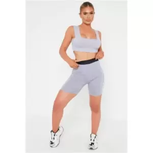 image of I Saw It First Grey Contrast Waistband Double Stripe Cycling Short - Grey