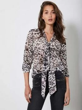 Image of Mint Velvet Amber Animal Print Tie Neck Longline Blouse - Neutral