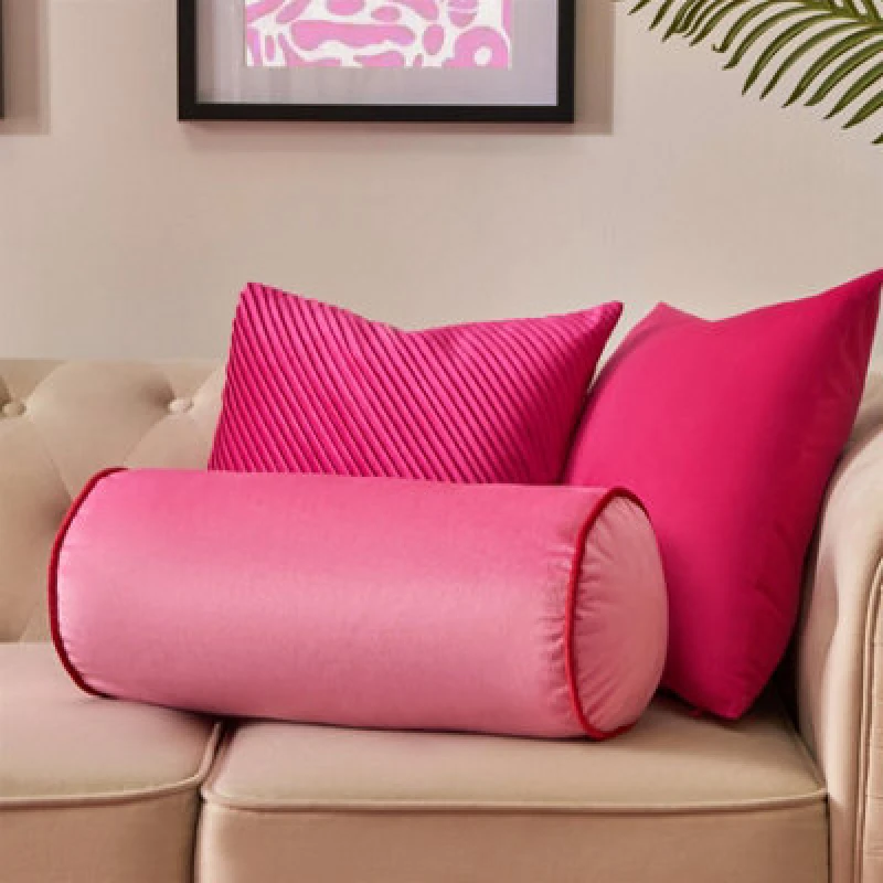 Image of OHS OHS Matte Velvet Round Bolster Cushion Neck Roll Pillow, Pink/Red Red One Size Unisex 5027434226658