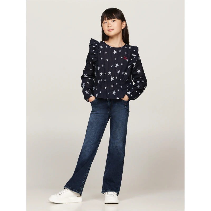 Image of Tommy Hilfiger Girls Flare Clean Blue Wash Jean - Blue, Size Age: 4 Years Blue W1E47 Unisex age: 4 YEARS