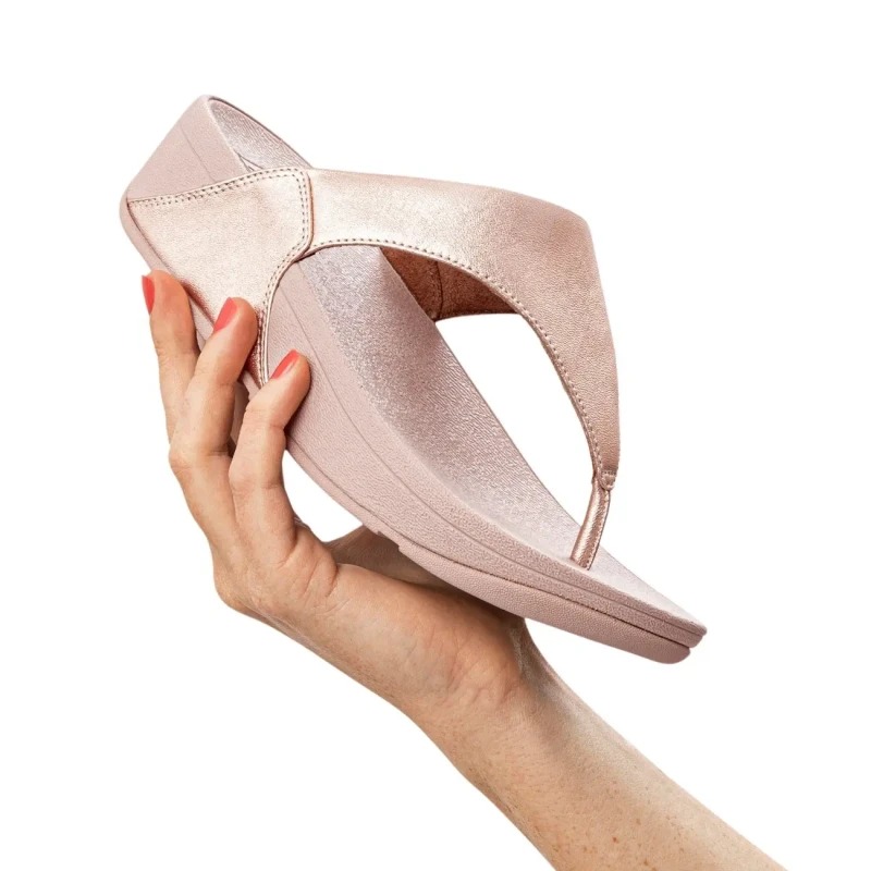 Image of FitFlop Lulu Toe Post Leather Womens Wedge Sole Sandals - Rose Gold - Size:UK 4