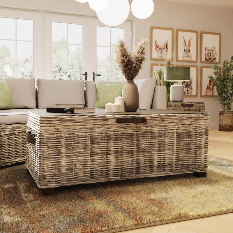 Image of FWStyle Ready Assembled Lift Up Storage Coffee Table Kubu Rattan Pine in Brown Brown Unisex