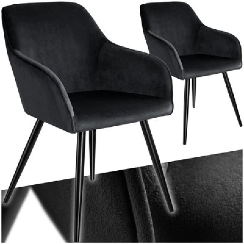 Image of Tectake Set Of 2 Dining Chair Marilyn - With Armrests, Padded, Velvet Look, Black Steel Legs - Black