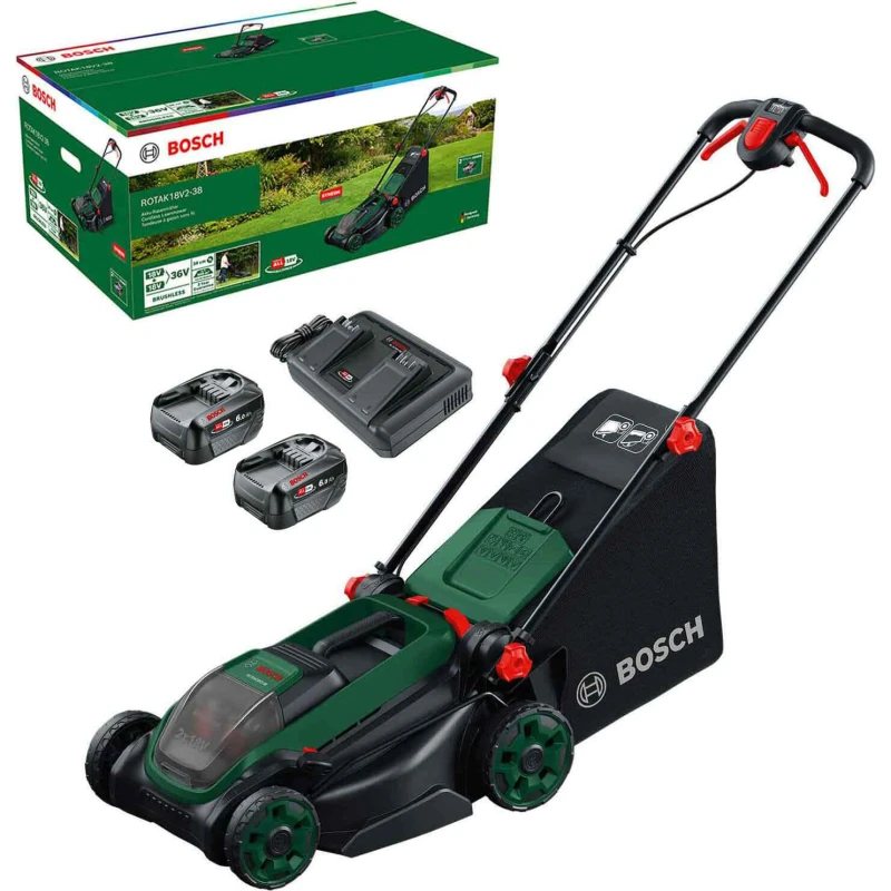 Image of Bosch ROTAK 18V2-38 P4A 36v Cordless Brushless Rotary Lawnmower 380mm 2 x 6ah Li-ion Twin Battery Charger ROTAK 18V2-38
