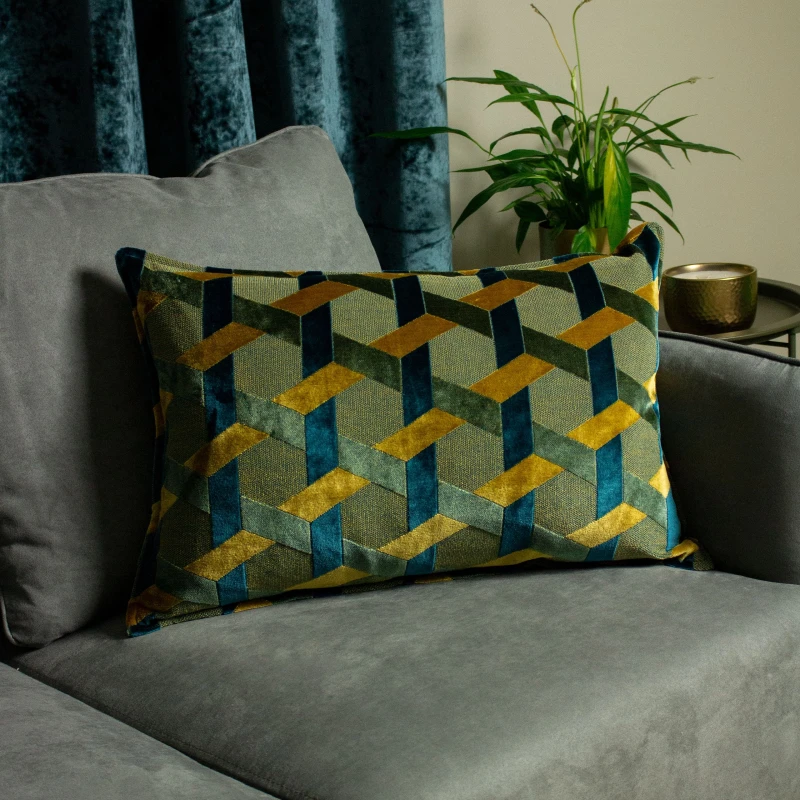 Image of Paoletti Delano Velvet Jacquard Filled Cushion, Green 5.02553E+12