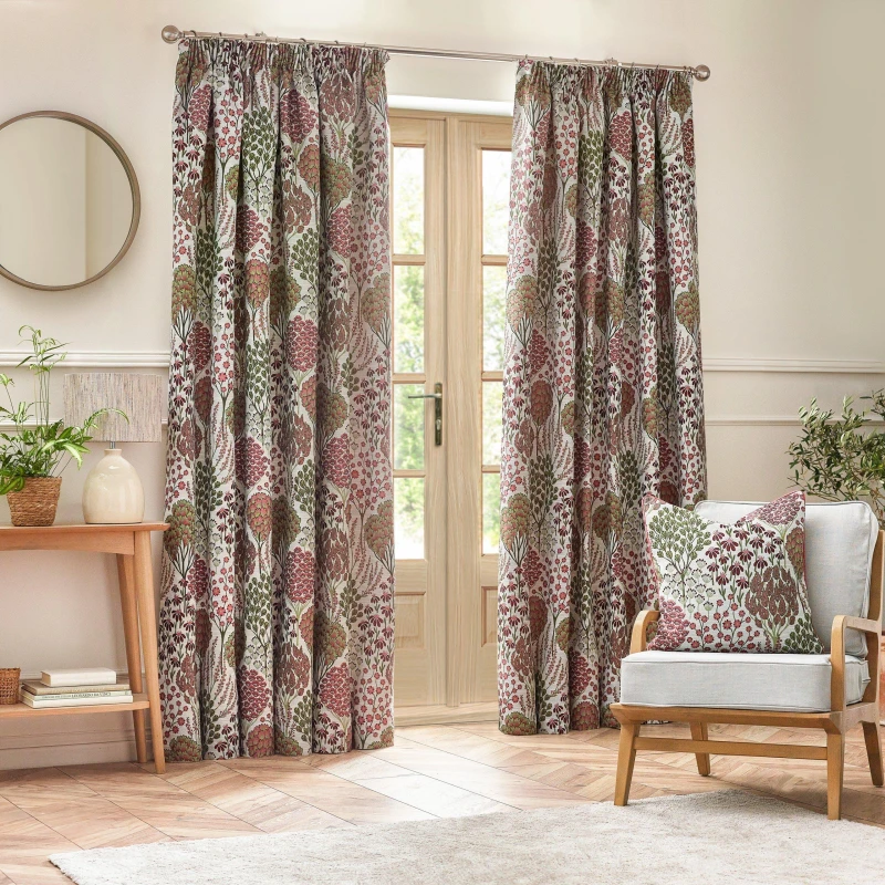 Image of Ophelia Floral Jacquard Pencil Pleat Curtains Rednut, Rednut / 117 x 137cm